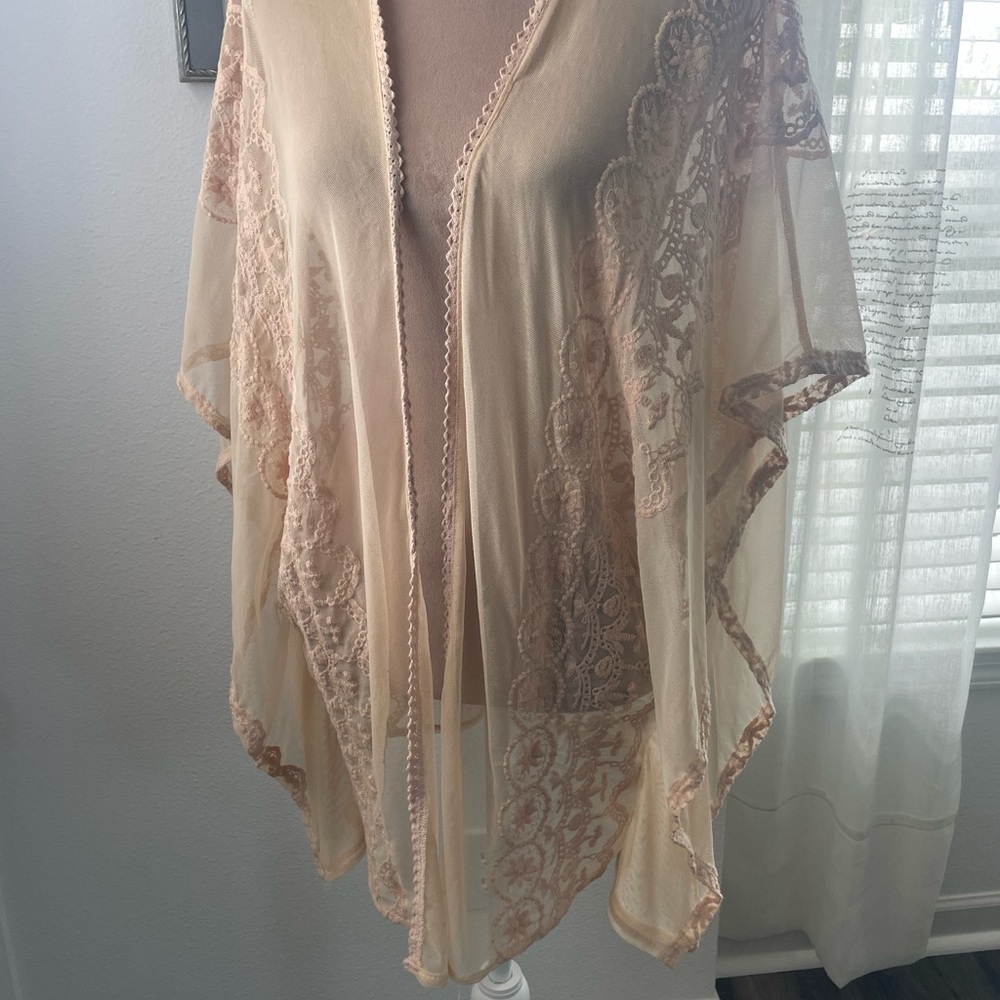 Taylor Street Sheer Lace Trim Kimono Cardigan - Blush